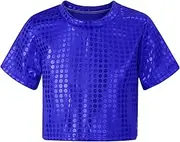[TiaoBug] Boys Girls Sparkly Sequins Shiny T-Shirt Short Sleeves Crop Top for Dance Performance Costume