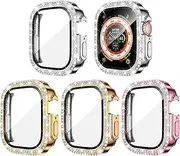 4 Pack Goton for Apple Watch Ultra Ultra 2 49mm Screen Protector Bling Case, Women Glitter Diamond Rhinestone Face Cover Protecteur for iWatch Accessories 49mm Silver Gold Rose Gold Pink
