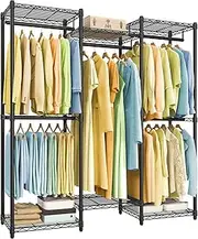 SONGMICS Heavy-Duty Clothes Rack, Garment Rack, Portable Closet, 56.9-Inch Wide Clothing Rack, with Adjustable Mesh Shelves and Hanging Rails, Ink Black ULGR432B01