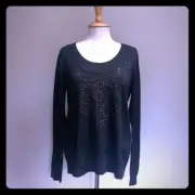 Calvin Klein Black Pullover Sweater Rhinestone Front Scoop Neck 50% Wool L