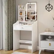 Small Vanity Desk with Mirror and Lights, Dressing Table with Lighted Mirror, Vanity Table with Drawers, Open Shelf for Bedroom,White