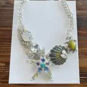 Beach Blue Crystal Star Fish Sealife Coastal Necklace with Turtle Post Earrings
