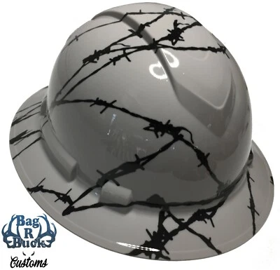 Hydro Dipped Hard Hat Full Brim HG Light Gray Barbed Wire 6 Point Harness