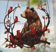 SUNCATCHER- Bear and Cardinals Acrylic Suncatcher -Hanging Decor Rustic Forest