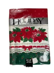 Vintage Sunweave Christmas Tablecloth Poinsettia Holly Bows 52”x70" Red Green