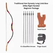 Traditional Han Dynasty Long Limb Bow 30lbs Right Handed Beginner Package