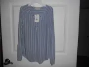 Pink Republic Womens Blouse XS Boho Peasant Blue White Stripe Tie Neck NWT