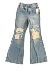 Wrangler x Billabong Womens Bell Bottom Jeans True Blue Patchwork Denim Size 27