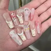 10-Pack Hand Pressed Nails Full Cover Bow Tie diamond Design Long French Fake Nails Wearable