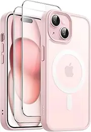 JETech 3 in 1 Magnetic Case for iPhone 15 Plus 6.7-Inch with 2-Pack Tempered Glass Screen Protector, Compatible with MagSafe, Translucent Matte Back Shockproof Phone Cover (Pink)