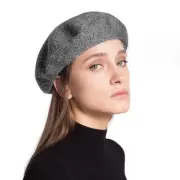 Women French Wool Beret Hats - Reversible Solid Color Classic Beanie Dark Grey