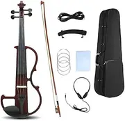 [WUQIMUSC] Electric violin 4/4 full size Silent Electric Violin Instrument, Solid Wood body Ebony Fittings with case,bow, headphone,cable,strings for Students, Beginners and Adults (Wine red)