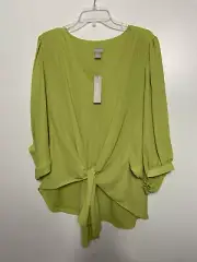 Chicos Tie Front V-Neck Top Blouse Sz 2 (12-14) Green Grasshopper Crepe NWT