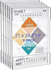 ROSSHINE A4 Wall Acrylic Sign Holder, 6pcs Perspex Wall Poster Display Holder with 3M Tape Without Drilling, Memo Documents Menu Holders for Office, Home, Store, Restaurant