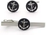 [Vcufflinks] Black Anchor Cufflinks and Tie Clip Set, Nautical Cufflinks and Tie Clip, Small, Brass, no gemstone