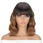 Synthetic Wavy Curly Bob Wig with Bangs,Ombre Brown with Light Brown Wigs for...