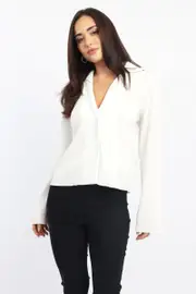 White Plisse Shirt Long Sleeve Lapel Collar Button Up - Size 10S, Women's Shirt