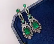3.50 Ct Emerald Cut Simulated Emerald Drop/Dangle Earrings 14K White Gold Finish