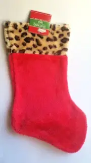 Santa Claus Plush Red Bottom Leopard Animal Top Print 16" Stocking.