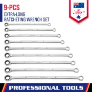 9-Pieces Extra Long Double Ring Cr-V Ratchet Spanner Set 72 Tooth 8-22MM Metric