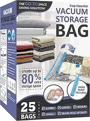 [Cozy Essential] 25 Pack Vacuum Storage Bags, Space Saver Vacuum Storage Bags, Vacuum Seal Bags for Clothing, Clothes, Comforters and Blankets, Hand Pump Included