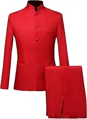 [Aosufei] Men's Button Up 2 Piece Solid Suit Set Floral Slim Fit Wedding Dress Suits Stylish Stand Collar Blazer Pants Sets, Red1, Medium