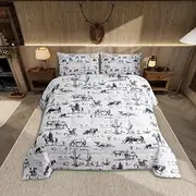 Feelyou Western Comforter Set Queen Size, White and Black Cowboy Cow Bedding Set Cowboy Comforter Desert Cactus Duvet Set Soft Bed Set 4Pcs