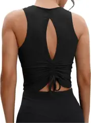 NEW Ruched Workout Tank Tops Open Back Crop Top Keyhole Tie Back XL