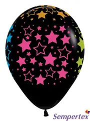 Disco Party Supplies Black Balloons with Bold Neon Stars 12 pack