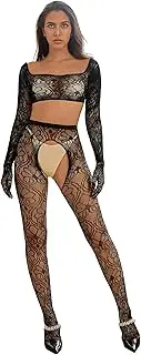 [Walang] Women's Sexy Fishnet Lingerie Set Crop Plus Size Outfits Transparent Long Sleeve Glove Top + Fishnet Tights