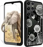 for Samsung Galaxy S23 Ultra Phone Case with Screen Protector Slim Tempered Glass Black Cover Dandelion Stylish Design for Women Wen Shock-Proof Protective Case for Samsung S23 Ultra 6.8" 2023
