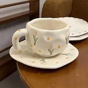 Cappuccino Cup Set, Ceramics Coffee Mug with Saucers 10 oz/300 ml Latte Art Cup Vintage Aesthetic Flower Barista Cup for Americano, Tea, Espresso,Mocha, Milk - Microwave and Dishwasher Safe (Tulip)