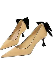 [YGJKLIS] Women's 5.5CM Color Matching Bow High Heel Pointed Suede Ballroom Performance Latin Dance Shoes