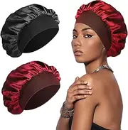 SWEET VIEW Silk Bonnet Satin Bonnet, Silk Hair Wrap for Sleeping, Soft and Comfortable Silk Sleep Cap, Black, Red, 14.6 Inch (Pack of 2)