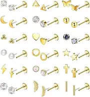 [LOREMOW] 20G 18Pairs Surgical Steel Threadless Stud Earrings for Women Men Hypoallergenic CZ Flatback Earrings Star Moon Cartilage Helix Tragus Lobe Stud Earring Set for Multiple Piercing