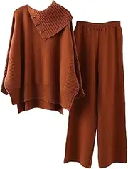 [Generic] Women's 2 Pcs Set Irregular Lapel Collar Pullover Tops Elastic Waist Wide Leg Pants Lounge Sets Travel Airport Outfits