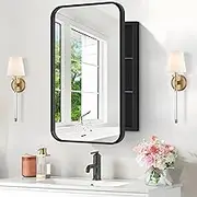 NIMURY Recessed Medicine Cabinet with Mirror, Metal Framed 16x24In Bathroom Mirror with Storage, Rounded Rectangle Vanity Mirror with Cabinet, Black Wall Cabinets for Bathroom Storage