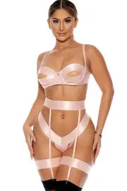 [Forplay] Take A Peek Pink Bra Set with Panty, Garters & Thigh Straps