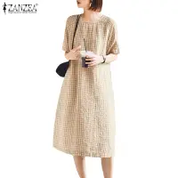 在飛比找蝦皮商城優惠-Zanzea 女式韓版開叉領短袖低袖格子格紋印花連衣裙