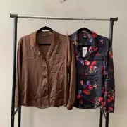 Lot of 2 INC International Concepts Sz XS Long Sleeves Notch Satin Top Bundle