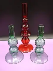 Glass Bubble Candle Holders Modern Blown Hollow - Red & Green Set Of 3
