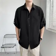 Short-Sleeve Plain Button-Up Shirt Black - L