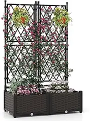 Costway Raised Garden Bed w/Lattice Trellis, Drainage, Self-Watering Elevated Vertical Planter Boxes for Climbing Vine Flower Vegetable, 126 cm Tall Indoor Outdoor Standing Privacy Fence