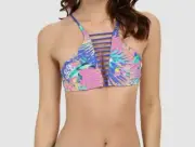 $85 Rip Curl Women Blue Print Strappy Center High Neck Swim Bikini Top Size L