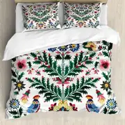 Duvet Cover Set, Traditional Scandi Art of Xmas Berry Leaves Birds and Floral