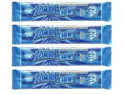 901838 4 x 28g BARS ZOMBIE CHEWS SOUR BLUE RASPBERRY FLAV MEGA SIZE LOLLY CANDY