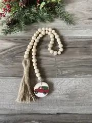 Handmade Natural Wood Bead Garland W Tassel & Truck Winter Christmas