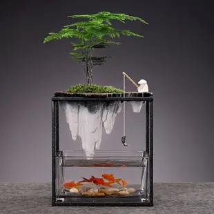 優樂悅~中式綠植盆栽擺件客廳玻璃小魚缸造景地柏植物文竹辦公室桌面裝飾