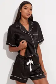 Black Animal Print Animal Pj Jacquard Satin Piping Pyjama Set - Size L, Women's Pj Set