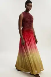 Ombre Rouched Jersey Sleeveless Mesh Maxi Dress